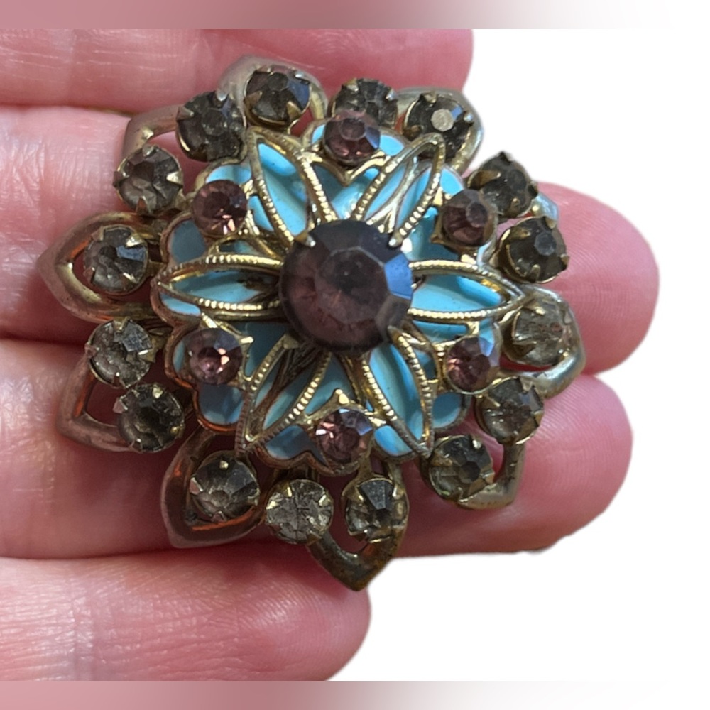 Vintage Round Floral Enamel Purple Rhinestone Brooch